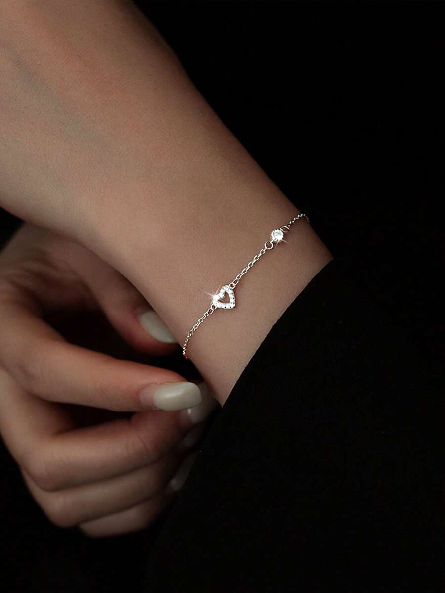 1pc S925 Sterling Silver Minimalist Personalized Zirconia Hollow Heart Inlaid Bracelet, Women's Fashion Sweet Petite Delicate Heart-Shaped Thin Bracelet, Niche Ins Style Luxury Elegant Charm Jewelry Gift - Love - View 1
