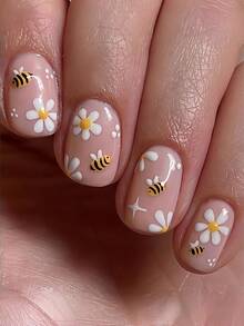 24片欧式方形短款假指甲，简约花卉蜜蜂图案，可爱可拆卸全覆盖指甲，适合女性派对、舞蹈和日常使用。 - 彩色 - 查看 1