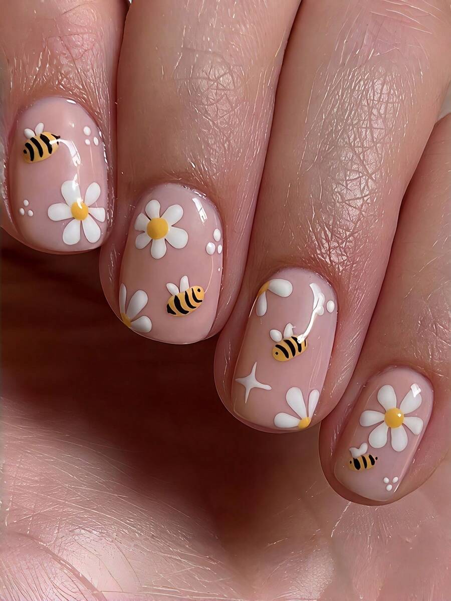 24片欧式方形短款假指甲，简约花卉蜜蜂图案，可爱可拆卸全覆盖指甲，适合女性派对、舞蹈和日常使用。 - 彩色 - 查看 1