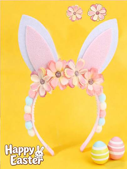 1pc Easter Pink Flower Headband For Girls,Fabric Rabbit Ear Bunny Ears Decor Headband For Girl,Cute Easter Rabbit Ear Hair Accessories For Girl Easter Gifts Easter Party