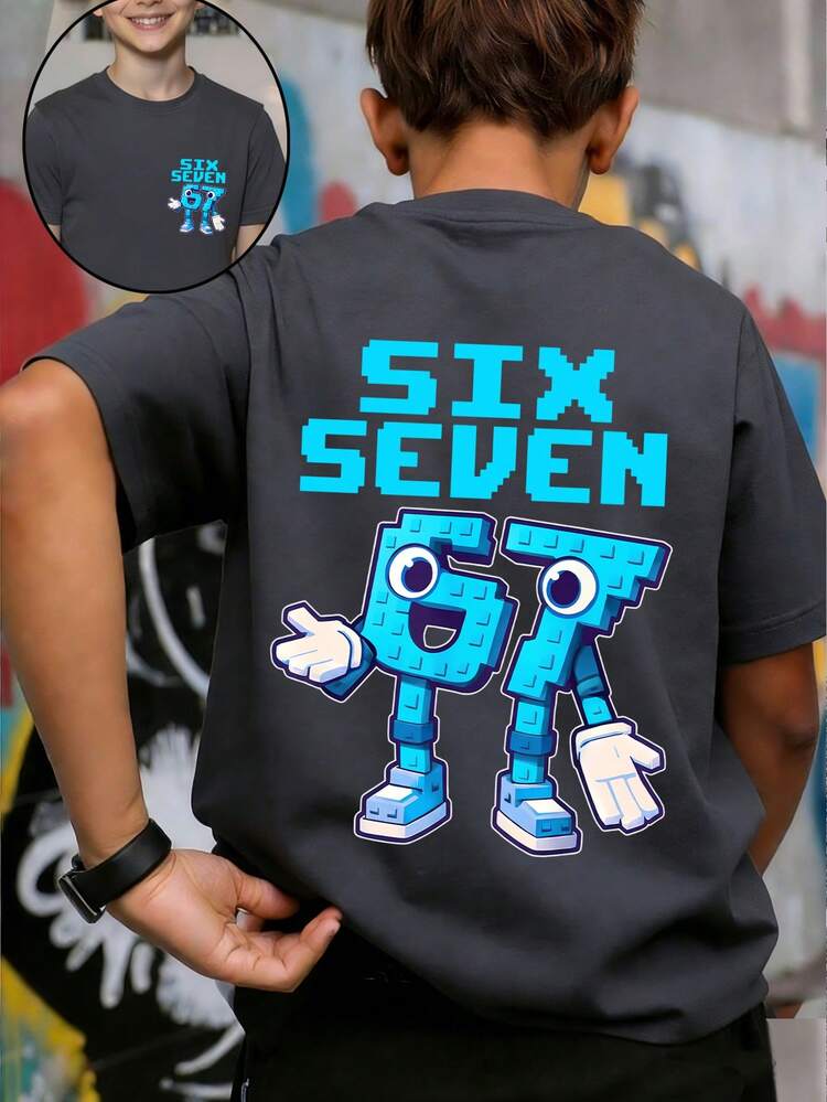 Camiseta con estampado de número 67 y diseño de dibujos animados "SIX SEVEN-Italian Brain" para niño adolescente, adecuada para uso diario, ropa urbana, estilo campus, casual y versátil para el verano - Gris Oscuro - Añade 4