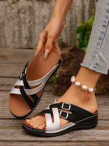 女士厚底凉鞋，时尚交叉绑带沙滩凉鞋 - 銀黑 - 查看 4