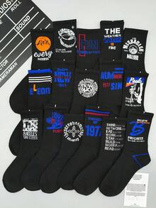 1/5/10双装随机字母数字印花船袜，时尚黑色袜子，男女通用运动袜 - 黑色 - 查看 7