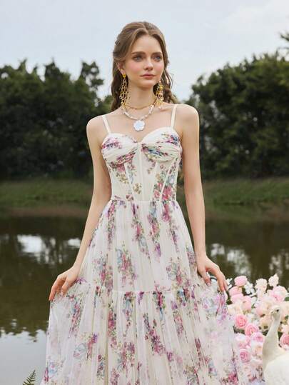 Faeriesty Elegant Women's Ivory Thin-Strap Floral Printed Sheer Mesh Maxi Party Gown ,Unique Split-Seam Spliced Bodice With Chest Ruched Detailing,Perfect For Spring Weddings, Garden Parties, Outdoor Woodland Celebrations, Romantic Dinners