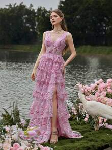 Faeriesty 优雅女士粉色无袖深V领长款派对礼服，花卉印花薄纱面料，饰以闪耀的珠饰和亮片，适合春季婚礼、花园派对、户外森林庆典、浪漫晚餐、正式肖像照拍摄等场合。 - 粉色 - 查看 3