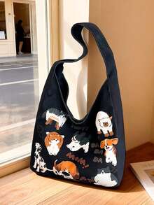 1pc Black Cartoon Cat & Dog All-Over Print + Funny Letter Print Thick Canvas Large Capacity Tote Bag, Casual College Style Shoulder Tote Bag For Daily Commute - Multicolor - View 1