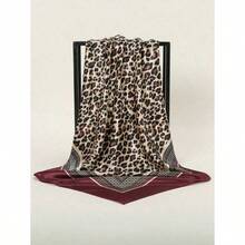 1pc Women's 90CM Fashion Scarf With Leopard Print, Satin Square Bandana Headscarf, Spring/Summer - 酒紅色 - 查看 3