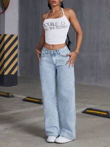 Pantalones vaqueros de pierna ancha con estampado de mariposa y ajuste holgado para adolescentes - Lavado ligero - Ver 5