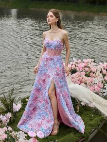 Faeriesty Vestido formal de noche de mujer con parches de malla floral sin tirantes, ajustado - Adecuado para fiesta de cumpleaños, sesión de fotos, gala, cena formal y otras ocasiones, color rosa primaveral para boda - Rosa - Ver 6