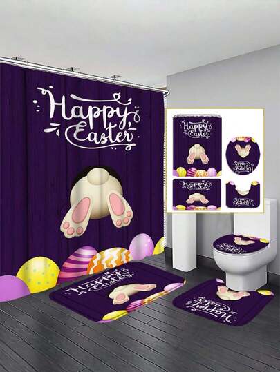 4pcs Easter Bunny & Egg Shower Curtain Set, Waterproof Mildew-Resistant Curtain, Non-Slip Mat, U-Shaped Toilet Mat, Includes 12 Hooks, Suitable For Home, Mother's Day & Easter Holiday Gift, Easter Decor