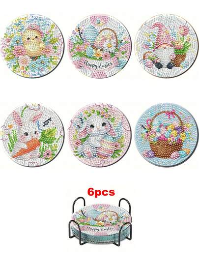 6件套卡通DIY钻石画杯垫套装，圆形闪亮钻石表面，强力背胶，工具齐全，适合初学者，减压手工，新年、情人节、圣诞节、教师节礼物，家居装饰桌面杯垫，送给家人、朋友、女朋友、老师的礼物