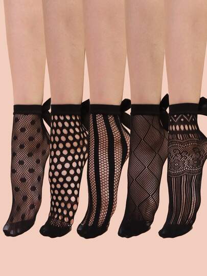 Women's Bow Tie Short Socks, Black Hollow Fishnet Mid-Calf Socks