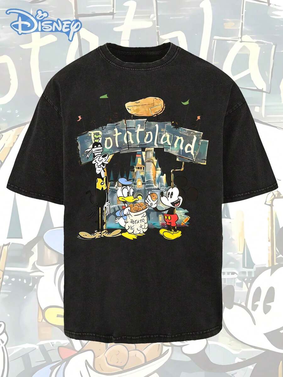 T-shirt d'été à manches courtes pour homme Disney Mickey Mouse et ses amis, effet vieilli, coupe unique, tissu 100% coton, confortable et respirant, style streetwear décontracté, col rond ; une marque de mode de haute qualité, un cadeau surprise idéal pour la famille et les amis. - Noir - Voir 1
