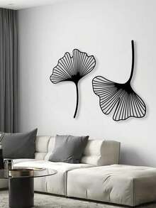 2pcs Ginkgo Leaf Metal Wall Decor Set, Minimalist Floral Wall Art, Floral Metal Line Art, Natural Decor, Bedroom Wall Art, Home Decor, Scene Decor, Theme Party Decor, Wall Decoration. Of Course, It Can Also Be A Gift For Any Occasion, Such As: Housewarming, Birthday, Valentine's Day, Perfect For Home, Wedding, Christmas Decoration! - Black - View 1