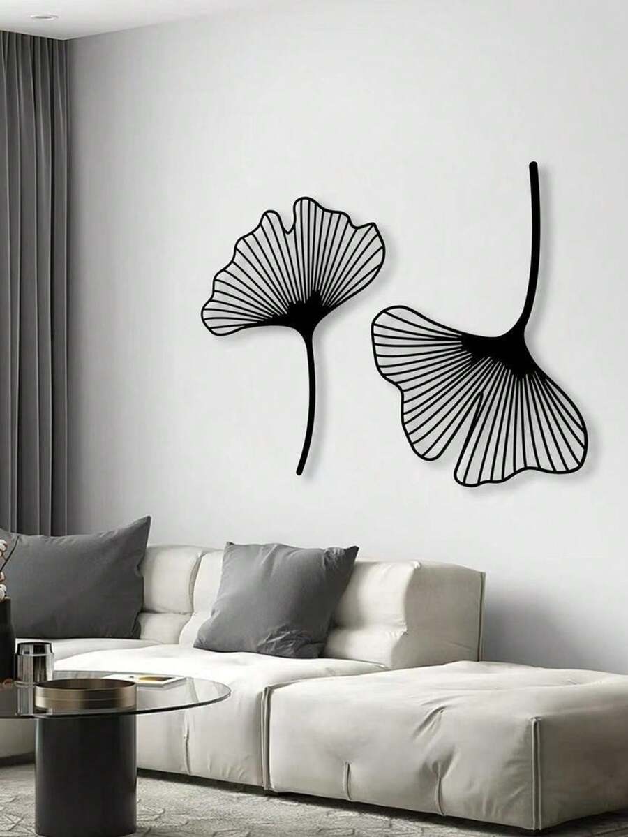2pcs Ginkgo Leaf Metal Wall Decor Set, Minimalist Floral Wall Art, Floral Metal Line Art, Natural Decor, Bedroom Wall Art, Home Decor, Scene Decor, Theme Party Decor, Wall Decoration. Of Course, It Can Also Be A Gift For Any Occasion, Such As: Housewarming, Birthday, Valentine's Day, Perfect For Home, Wedding, Christmas Decoration! - Black - View 1