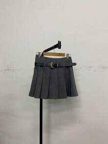 Women's Fashion Pleated Mini Skirt With Belt, Grey Casual A-Line High Waist Non-Stretch Fabric Skirt, Suitable For Daily Wear - Grey - View 6