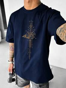 Camiseta de manga corta con estampado gráfico de montaña para hombre, cómoda y transpirable, adecuada para el verano, de moda destacada - Azul Marino - Ver 2