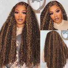 VIOLLY 24 Inch Jerry Curly 13x6 HD Transparent Lace Frontal Ear To Ear Free Parting 200% Density Melted Hairline Baby Hair Pre Plucked Pre Bleached Knots Brown Ombre Highlight Honey Blonde Synthetic Hair Blended Human Hair Wig Gift Ideas For Women - SP4/27 - View 5