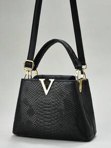 PLANEE 奢华蛇纹压花皮革女士手提包 - 优雅 V 形金属手柄托特包，设计师款顶部手柄包，配有可拆卸肩带，适合工作、派对和晚间活动（黑色） - 黑色 - 查看 6