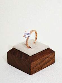 1pc Classic 4-Prong Round Cubic Zirconia Closed Ring, Luxurious Fully Paved Zirconia Setting, Suitable For Wedding, Couples - Rose Gold - View 3