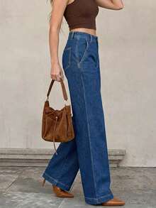 Women's Straight Leg Jeans, Wide Leg Casual Denim Pants, Solid Color, Button Closure, Suitable For Home, Holiday, Date, Spring - Blue - View 5