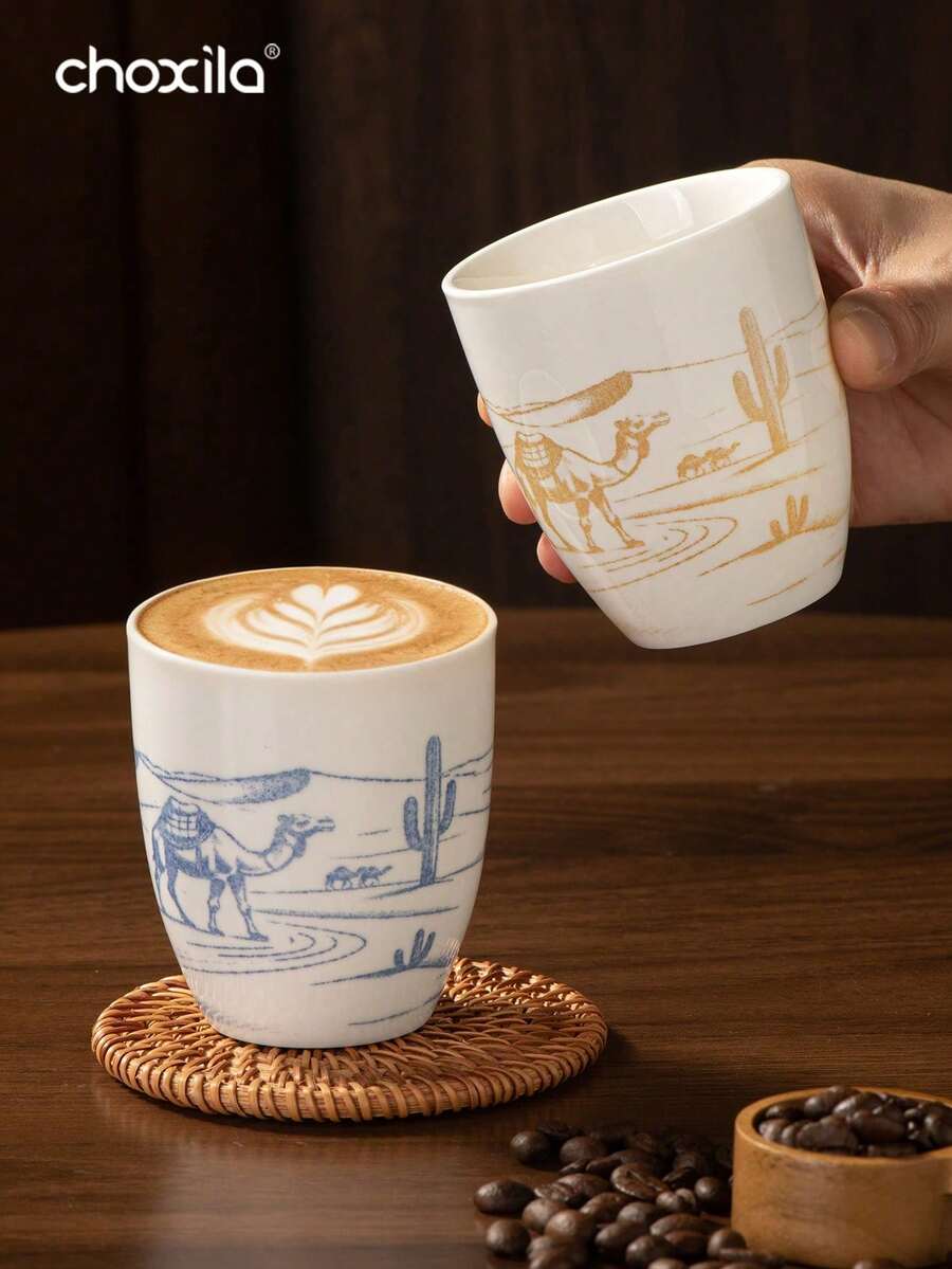 1个180毫升骆驼图案砂釉陶瓷咖啡杯，可作浓缩咖啡杯、茶杯，沙特风格设计，适合下午茶、节日礼物、家庭聚会、咖啡馆、酒店、办公室等场合。 - 咖啡杯 - 查看 1