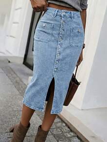 Chân váy midi denim nữ thanh lịch, thoải mái với đường xẻ phía trước và hàng cúc, chất liệu co giãn vừa phải, thiết kế cài cúc. - Màu xanh lam - Xem 3