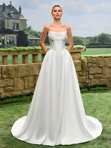 Elegant, Noble And Cute White Satin Faux Pearl Decor Style A-Line White Wedding Dress Bridal Gown With Train Spring - White - View 8