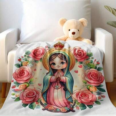 Virgin Mary Cartoon Colorful Religious Flannel Blanket, Roses & Hearts Design, Ultra Soft Cozy Plush Warm Lightweight Throw For Couch, Sofa, Bed, Living Room, Bedroom Decor, Travel, Camping, All Seasons, Hypoallergenic, Non-Shedding, Machine Washable, Ideal Saint Patrick's Day, Easter, Spring Birthday Gift For Christian Families, Religious Art Lovers, 50x60 Inches