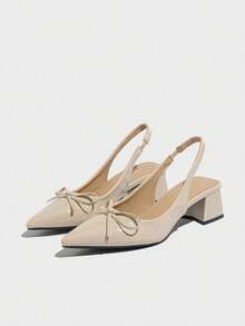 Sandalias de tacón grueso de con lazo para mujer, zapatos planos de corte bajo con espalda abierta, zapatos mules de tacón medio para oficina y citas, zapatos planos versátiles de corte bajo - Beis - Ver 5