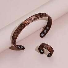 1 套复古简约磁性梅花图案镀铜戒指和手镯，适合日常佩戴，可作为送给朋友的礼物 - 簡約能量銅磁性梅花圖案開口戒指手鐲 - 查看 7