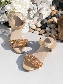 Sandalias de tacón de bloque con brillo y strass para niñas - Champán - Ver 1