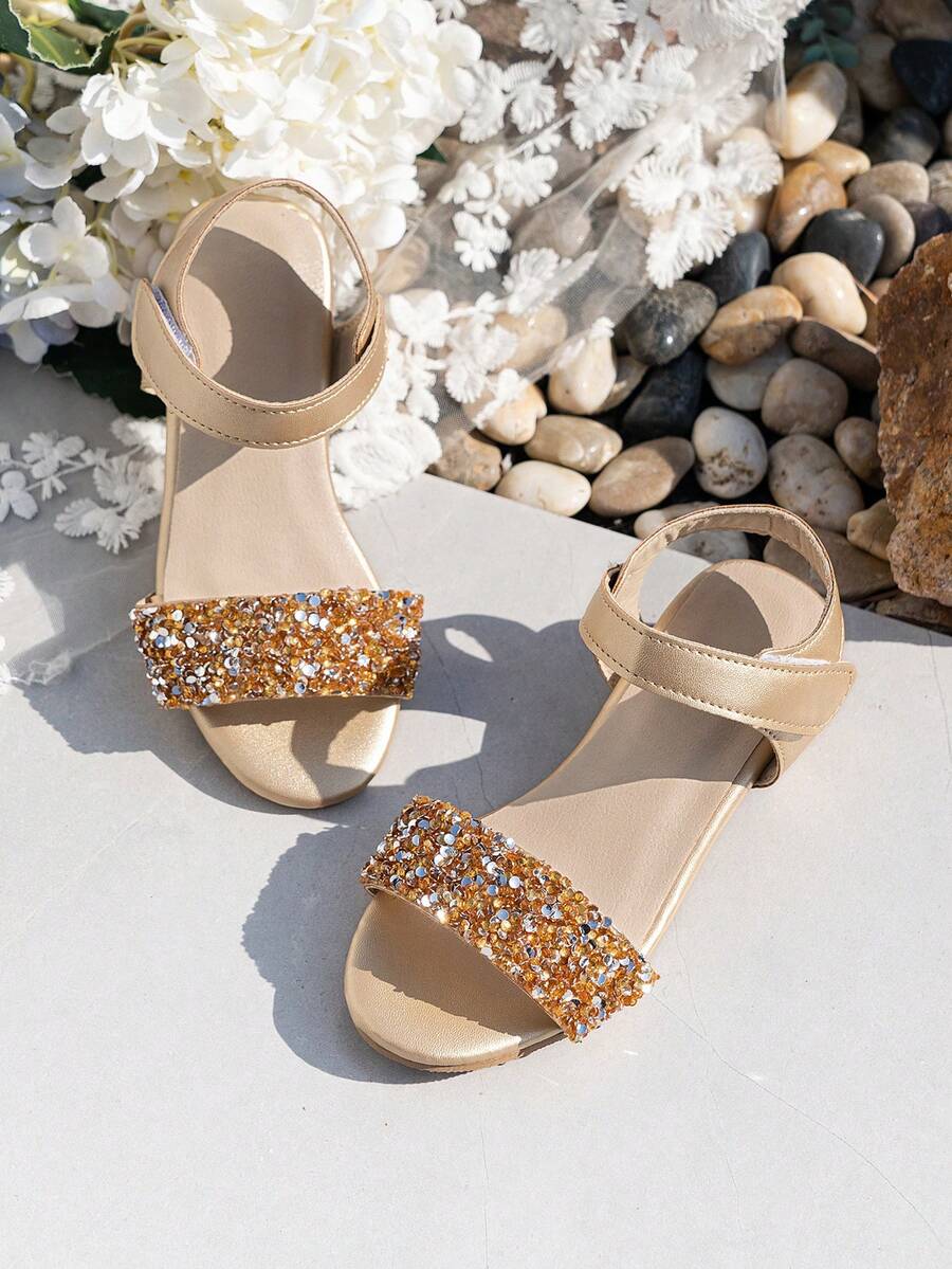 Sandalias de tacón de bloque con brillo y strass para niñas - Champán - Ver 1