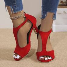 Women Comfortable Kitten Low Heel Thong Heeled Sandals Fashion Square Open Toe Comfort Shoes For Party Casual Slides - 紅色 - 查看 1