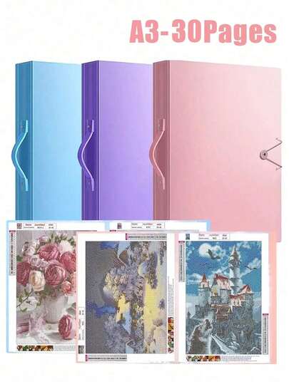 Stor kapacitet, 30-sidig A3-diamantmålningsportfolio - Förtjockad PP-plastpärm med omslag, innehållande 60 ark (30 sidor) Lämplig för scrapbooking, foton, konst- och hantverksorganisation, med handtag - Förtjockad pärm, lämplig för förvaring i hemmet