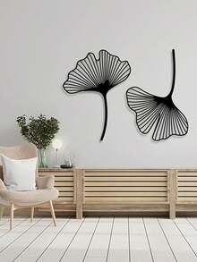 2pcs Ginkgo Leaf Metal Wall Decor Set, Minimalist Floral Wall Art, Floral Metal Line Art, Natural Decor, Bedroom Wall Art, Home Decor, Scene Decor, Theme Party Decor, Wall Decoration. Of Course, It Can Also Be A Gift For Any Occasion, Such As: Housewarming, Birthday, Valentine's Day, Perfect For Home, Wedding, Christmas Decoration! - Black - View 4