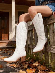 Cowboy Boots For Women Pointed Toe Embroidered Knee High Cowgirl Boots Pull On Zipper Chunky Heel Mid Calf Western Boots Autumn Winter Outfit Boots Fall Shoes - 白色 - 查看 6