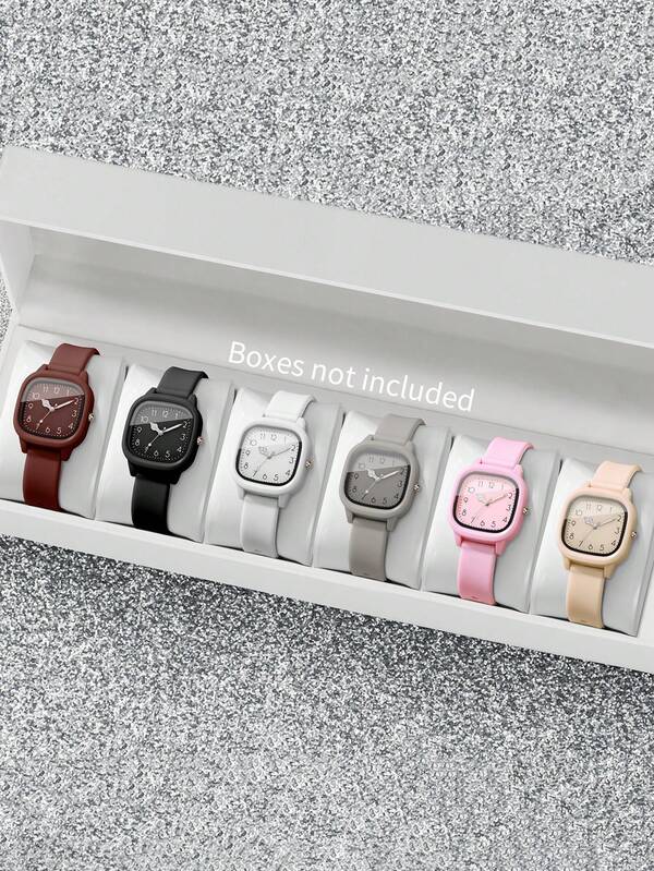 6pcs/Set Women's Silicone Watches, Fashion Casual Square Dial Quartz Wristwatches, Classic (Watch Box Not Included)