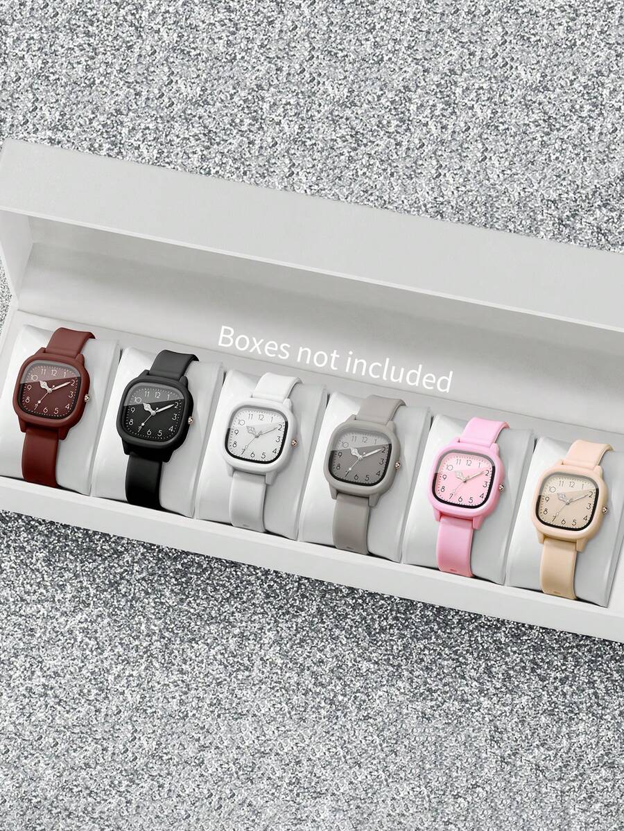 6pcs/Set Women's Silicone Watches, Fashion Casual Square Dial Quartz Wristwatches, Classic (Watch Box Not Included) - Multicolor - View 1