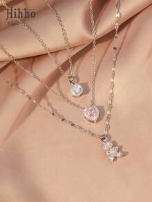 Hihho 3件套简约可爱铜质微镶锆石圆形、心形、小熊吊坠项链，适合女性日常及派对佩戴 - 銀色 - 查看 2