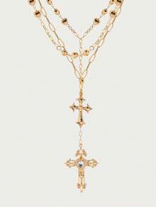 1 Pc Golden Color Heart Chain Cross Necklace Y Chain Pendant Necklaces Layering Necklaces Set Cross Jewelry - Vàng - Xem 2