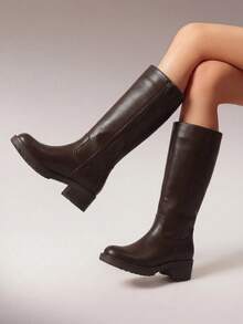 Womens Square Toe Chunky Block Heel Knee High Boots Banana Campus Boots For Women Casual Comfortable Low Heel Side Zipper Riding Tall Boots - 巧克力棕 - 查看 2
