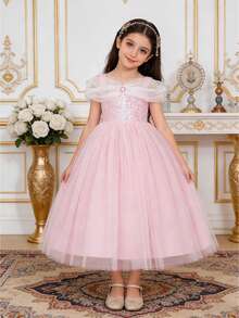 Young Girls Blue Off-Shoulder Tulle Princess Dress, Suitable For Party - Pink - View 2