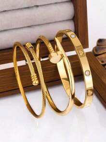 Set de 3 piezas de joyería de pulsera con flor y circonita cúbica de acero inoxidable de alta calidad y de moda, adecuado para uso diario - Dorado - Ver 16