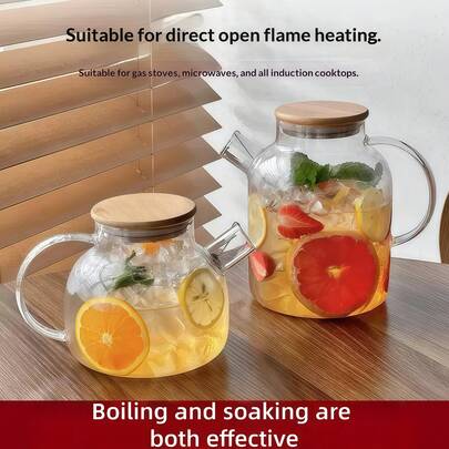 1 szt. dzbanek do soku z pokrywką bambusową, czajnik ze szkła borokrzemianowego do zimnej wody, odpowiedni do podgrzewania na kuchence elektrycznej, przezroczysty dzbanek do mrożonej herbaty