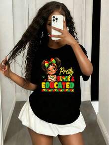 Girls & Teenagers Students Casual Printed Black Crew Neck Short Sleeve T-Shirt Top, Summer - 黑色2 - 查看 2