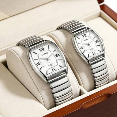 XAPWV Casual Elastic Couple Watches, Quartz Barrel-Shaped Roman Numeral Dial, Minimalist Fashion Wristwatches For Men And Women