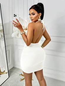 AIJ Vestido mini ajustado de mujer con detalle de hebilla metálica en la espalda y pliegues en la cintura, elegante para fiestas de verano - color de la leche - Ver 2