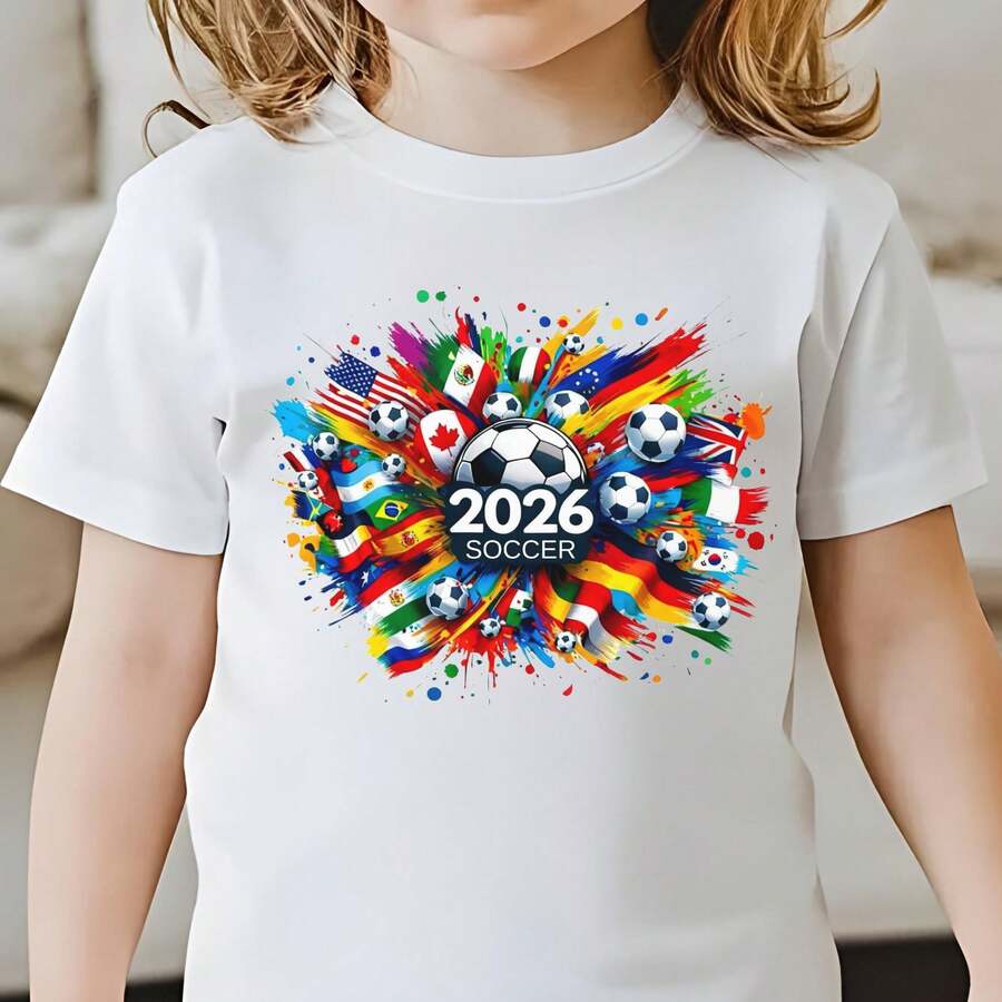 World Soccer 2026 Kids T-Shirt Youth Toddler Game USA Flag Clothing, Tweens Girl Clothes, Girls Clothes, Summer Clothes, Kids Girls Clothing, Kids Boys Clothes, Casual Printed Round Neck Pullover Short-Sleeve T-Shirt, Summer Student Youth Clothing, Parent-Child Clothing, Available In Children's And Adult Sizes, Suitable For Family Wear.World Cup T-Shirts, Easter T-Shirts, T-Shirts Suitable For Various Holidays. - 白色 - 查看 1