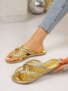 1双夏季时尚软底透气不疲劳户外金色编织人字拖 - 金色 - 查看 6